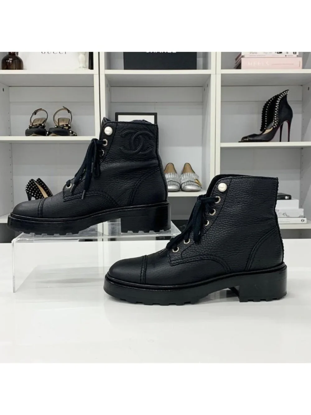 Chanel CC Logo Leather Pearl Lace-up Short Boots Black